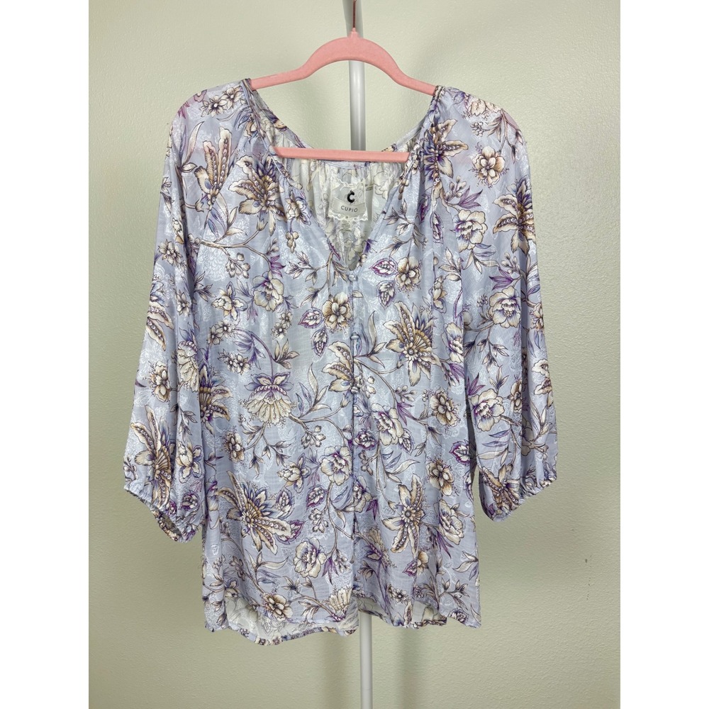 Cupio Womens Lavender Floral Peasant Blouse Boho Cottagecore Balloon Sleeve Top